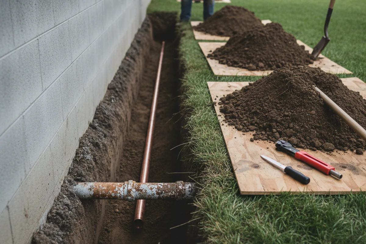 Excavated water line trench during Water Heater Repair in Roxbury